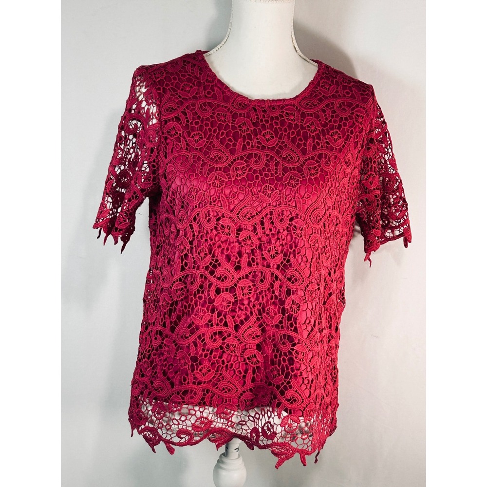 Philosophy Republic Clothing Magenta Pink Floral Lace Short Sleeve Blouse Small